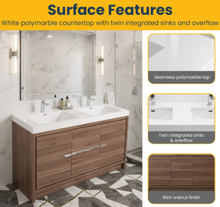 60" Walnut Freestanding Double Sink Bathroom Vanity with White Polymarble Countertop