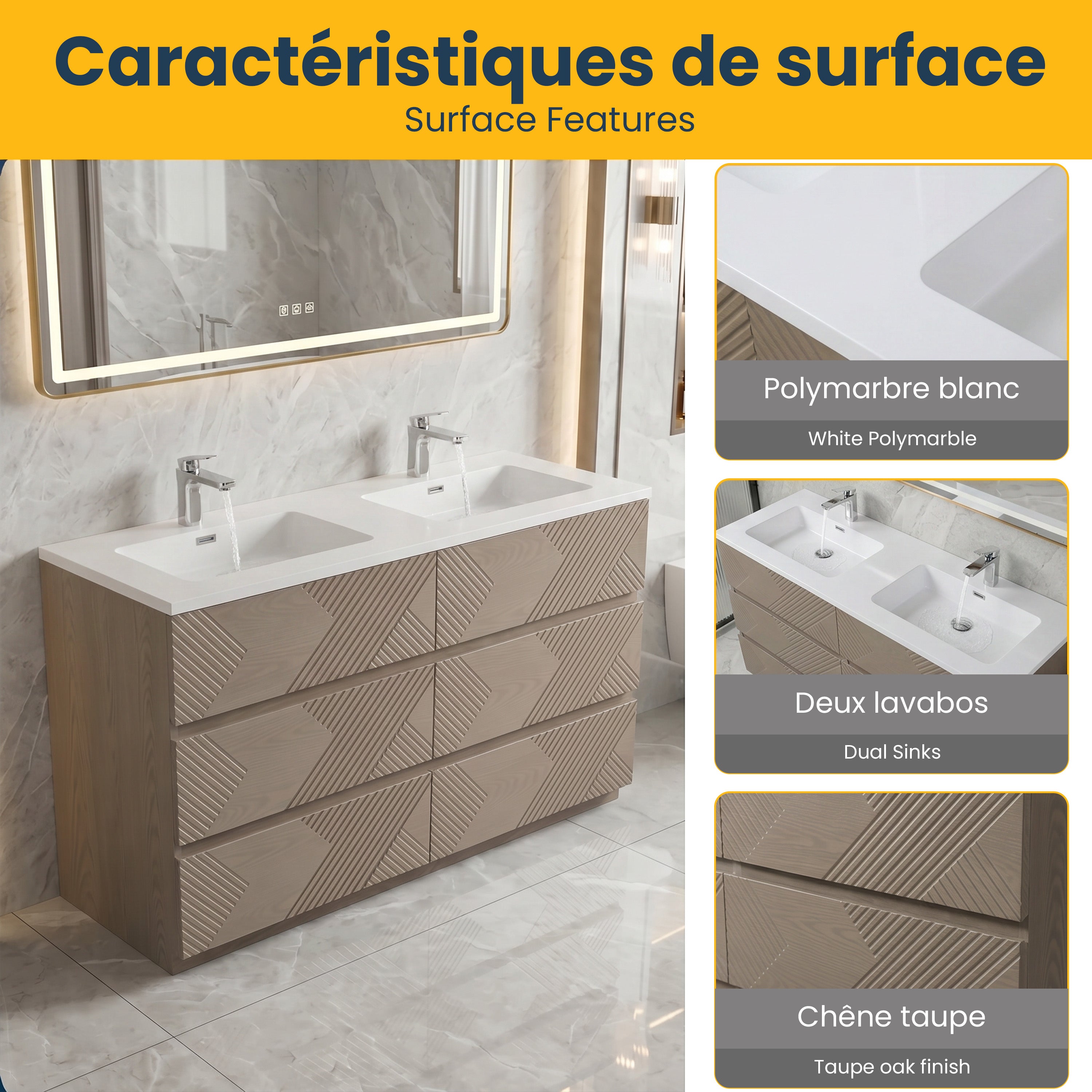 60" Taupe Oak Freestanding Double Sink Vanity with White Polymarble Countertop