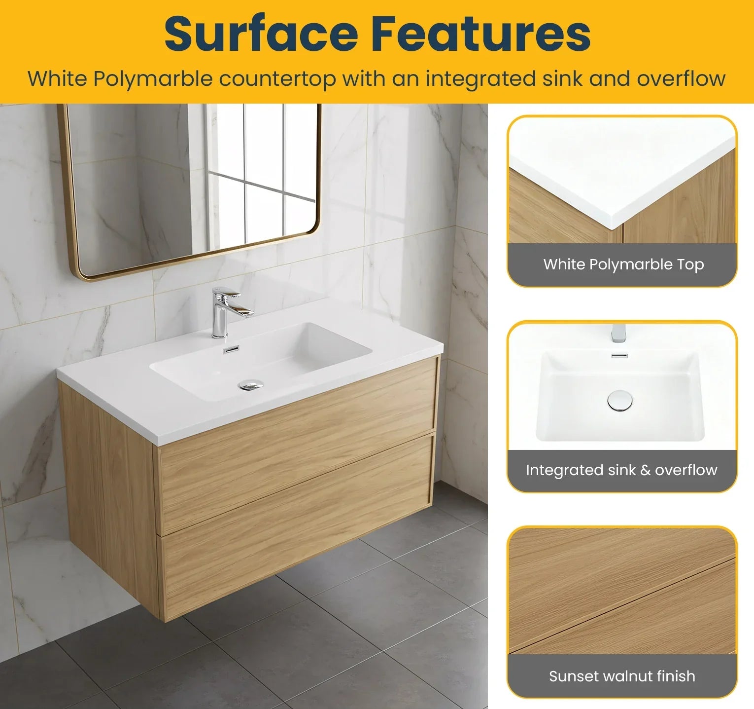 Meuble Lavabo Flottant 36po Noyer Couchant avec Comptoir Polymarbre Blanc - Collection Luxe