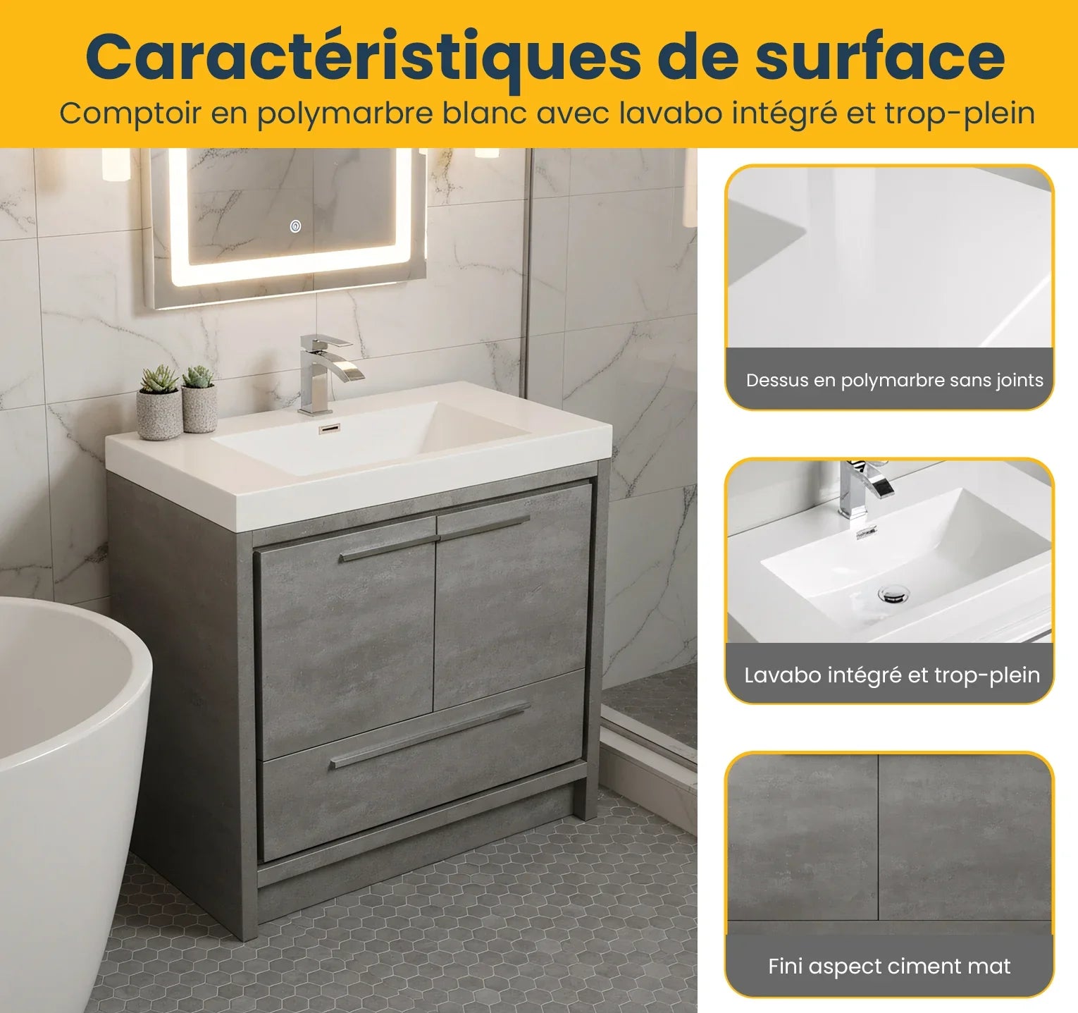 Meuble-Lavabo Autoportant 36po Ciment avec Comptoir de Polymarbre Blanc 