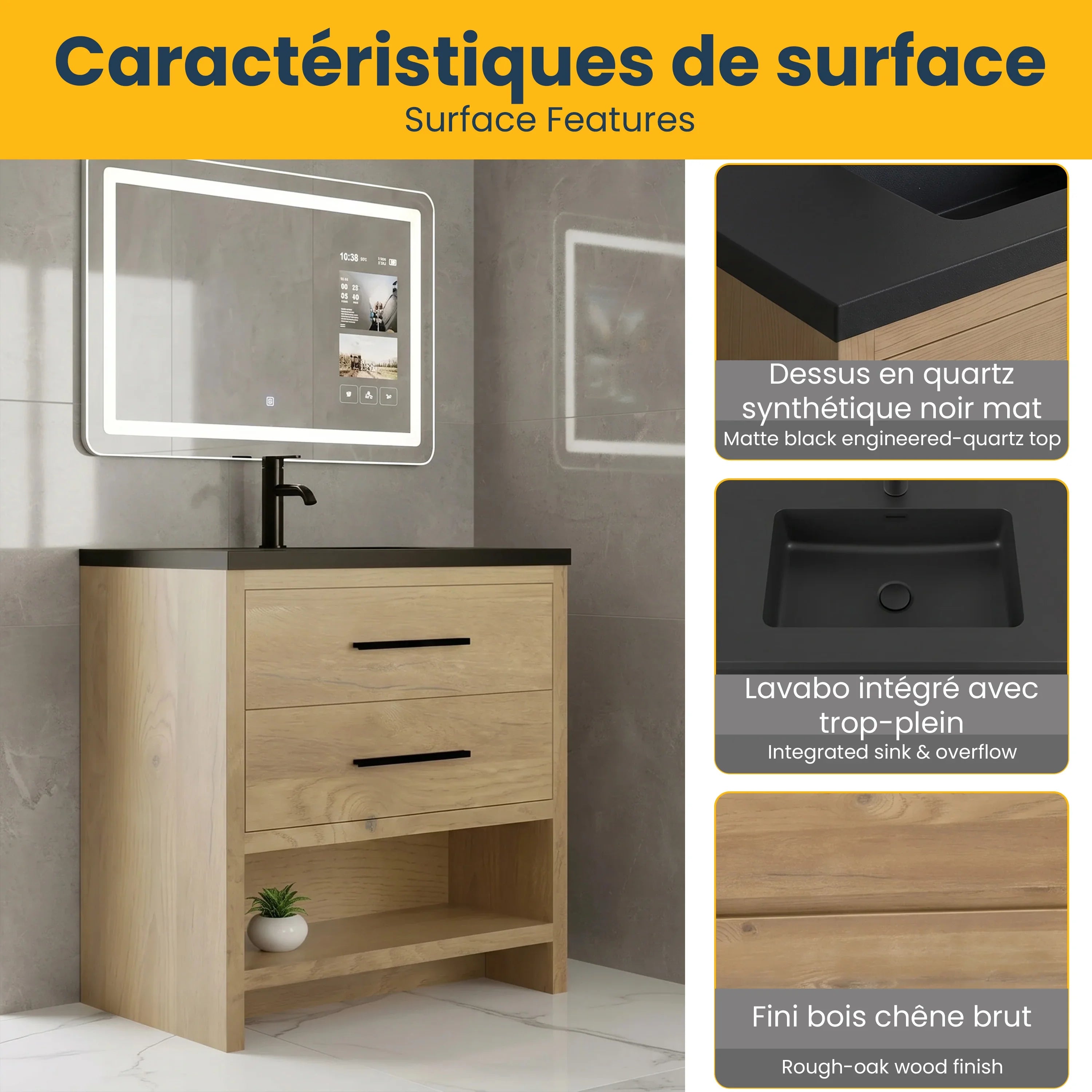 36" Rough Oak Freestanding Bathroom Vanity with Black Engineered Quartz Countertop