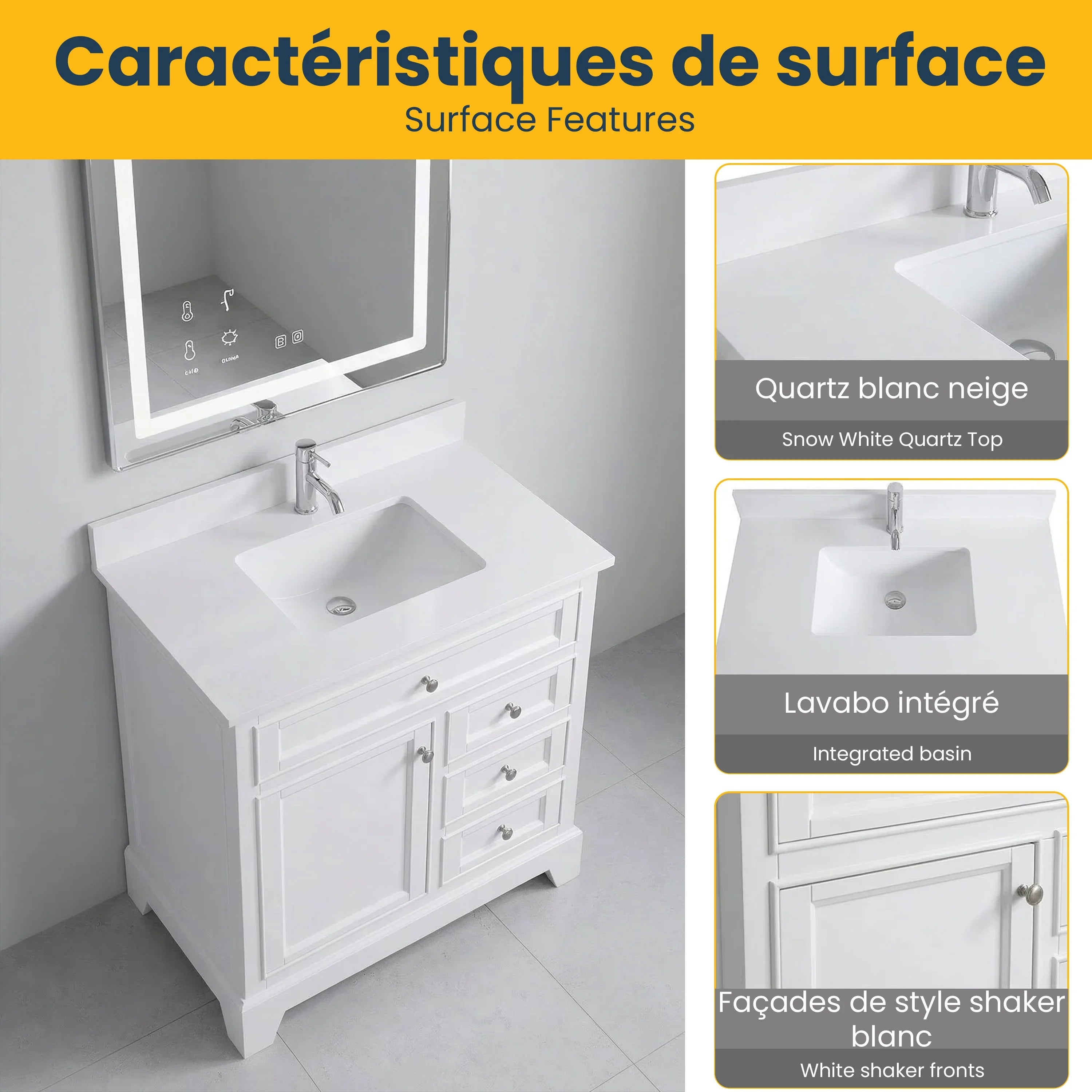 Meuble-lavabo autoportant blanc de 36 po avec comptoir en marbre blanc reconstitué