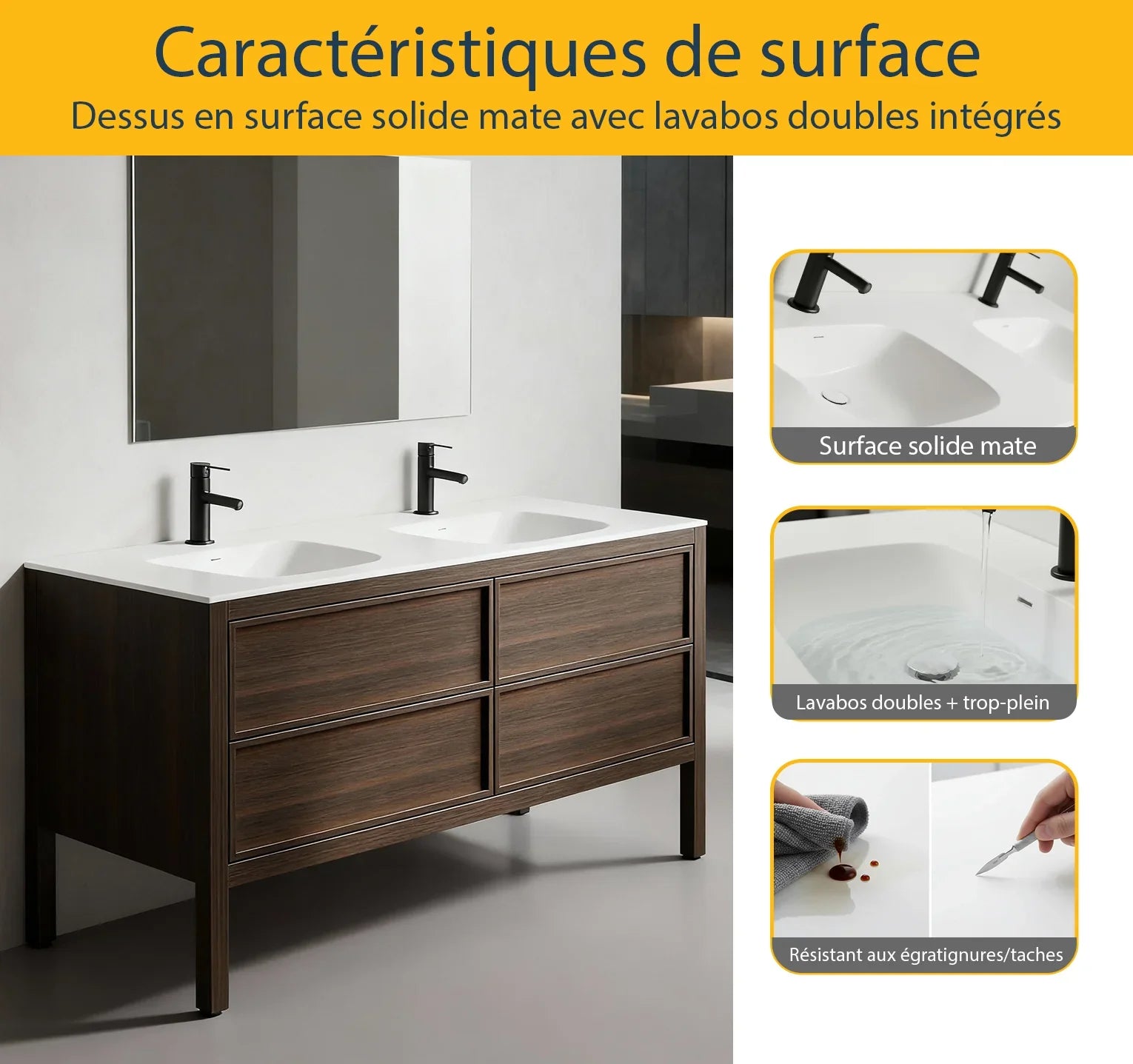 60" Smoked Oak Freestanding Double Sink Bathroom Vanity with White Solid Surface Countertop