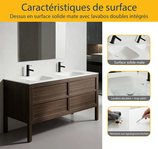 60" Smoked Oak Freestanding Double Sink Bathroom Vanity with White Solid Surface Countertop