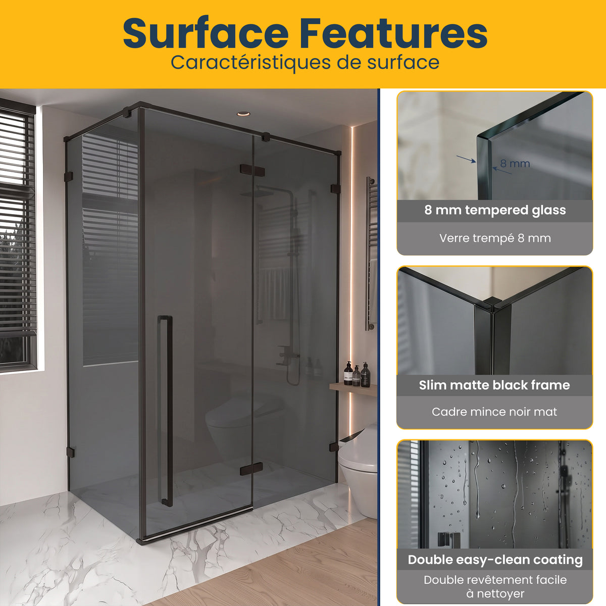 57,6po–58po L (largeur ajustable) x 79po H Porte de douche pivotante réversible sans cadre en noir mat avec verre teinté noir et panneau latéral 30,2po–30,5po