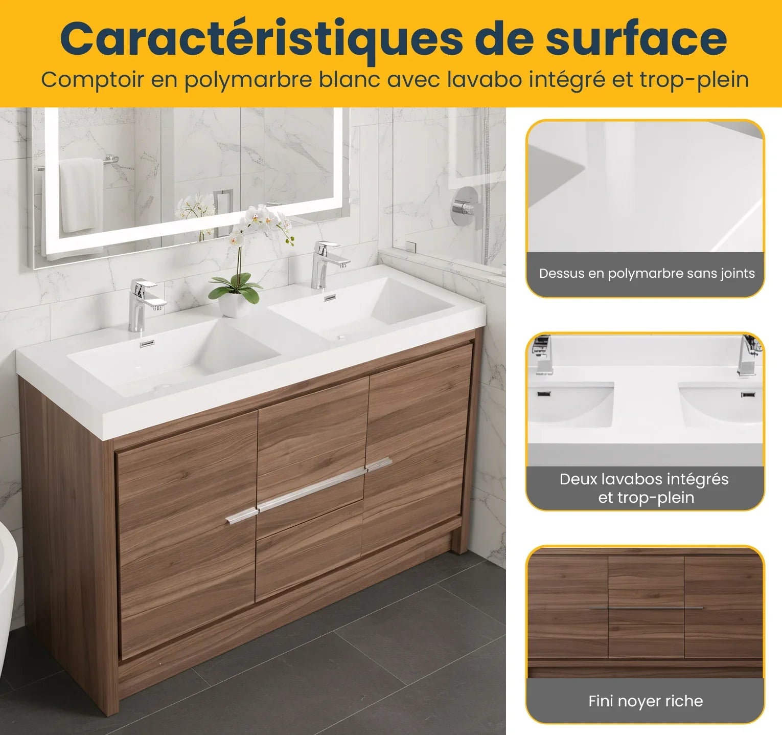 48" Walnut Freestanding Double Sink Bathroom Vanity with White Polymarble Countertop