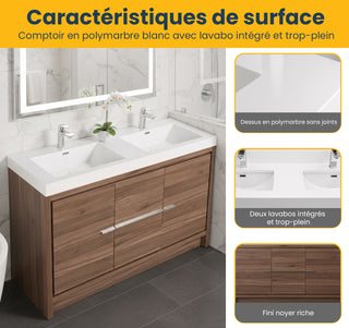 Meuble-Lavabo Autoportant 48po Noyer avec Comptoir de Polymarbre Blanc