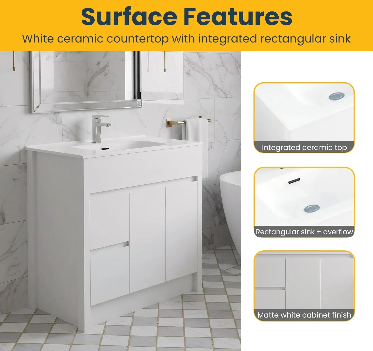40" Matte White Freestanding Single Sink Bathroom Vanity with White Ceramic Countertop