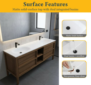 72" Natural Walnut Freestanding Double Sink Bathroom Vanity with White Solid Surface Countertop