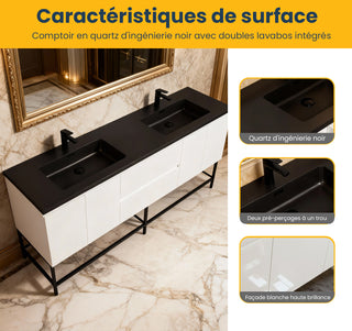 Meuble-Lavabo Mural 72po Blanc avec Comptoir de Quartz d'ingénierie Noir