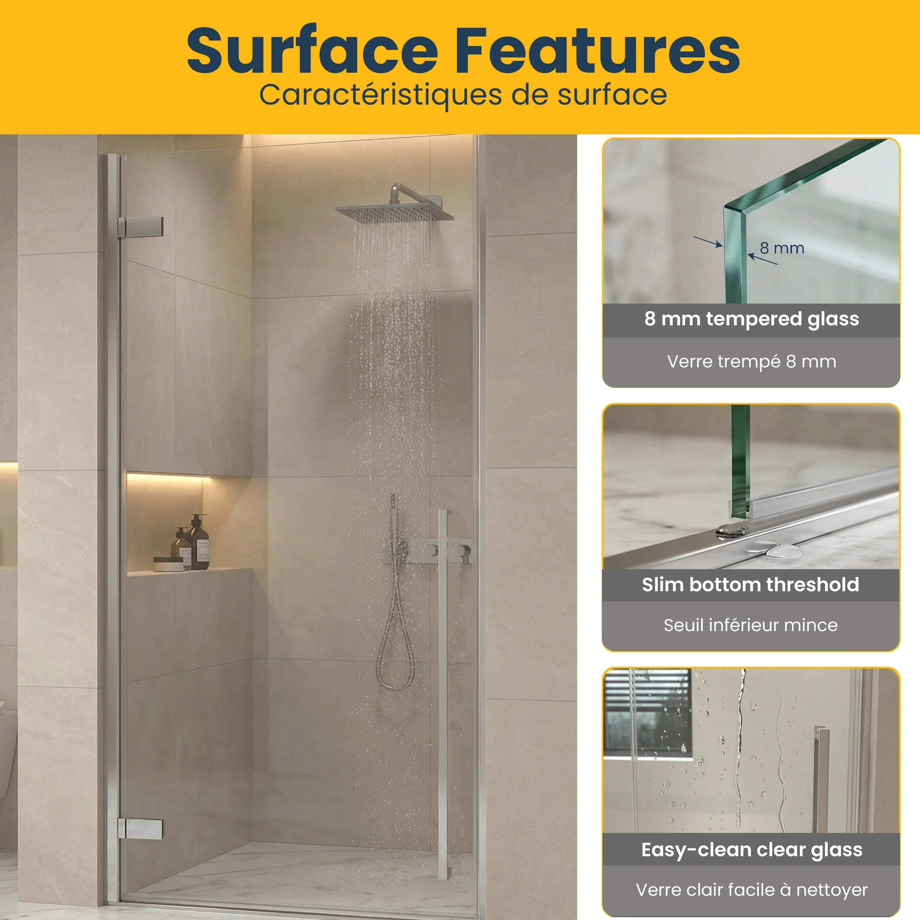 33.9"–34.3" x 79" Reversible Chrome Pivot Shower Door with Clear Tempered Glass