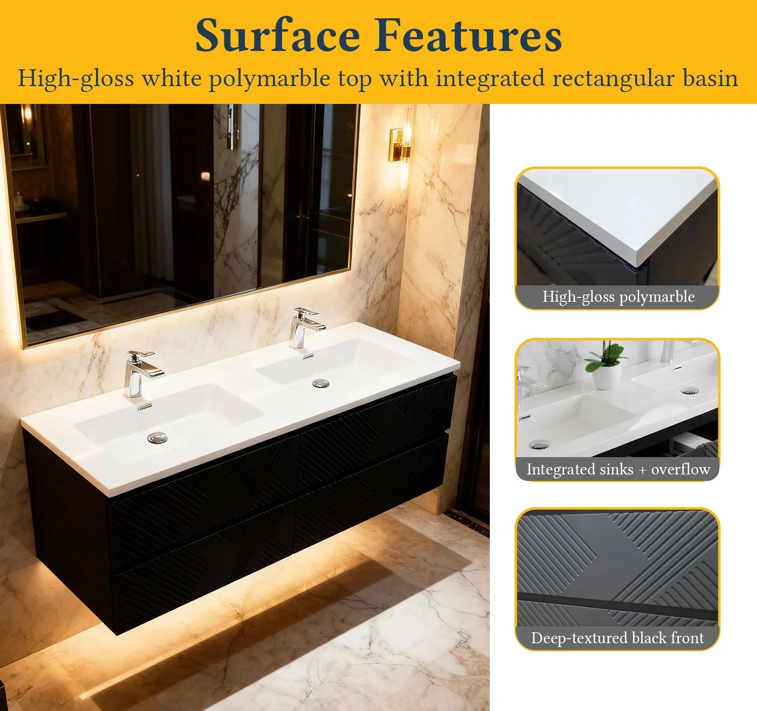 Meuble-lavabo mural noir 60" avec Comptoir en polymarbre blanc