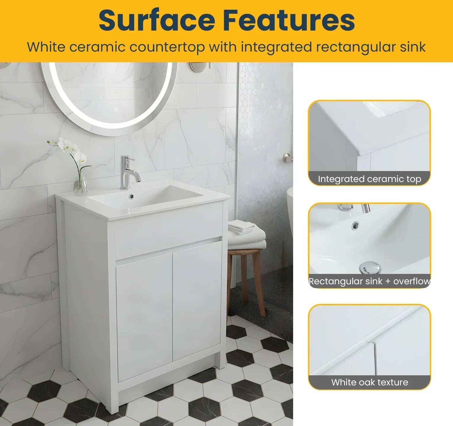 30" White Oak Freestanding Bathroom Vanity with White Ceramic Countertop