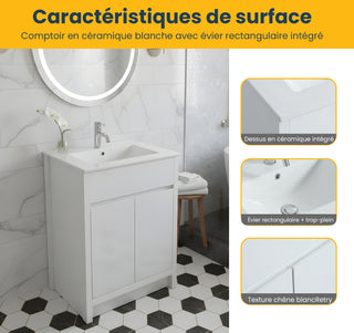 Meuble-Lavabo Autoportant 30po Chêne Blanc avec Comptoir de Céramique Blanc