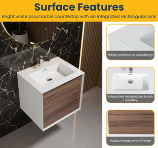 24" Walnut Wall Mount Vanity with White Polymarble Countertop