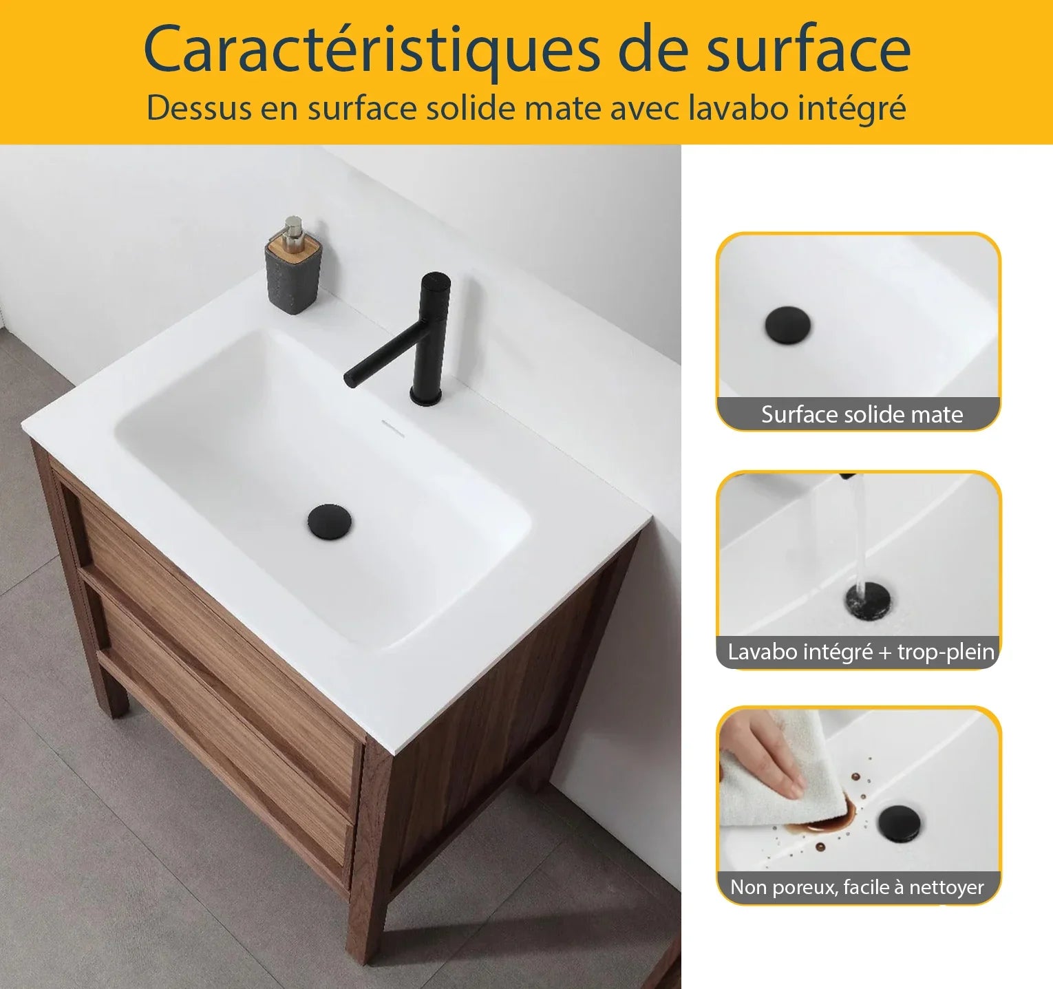 30" Natural Walnut Freestanding Bathroom Vanity with White Solid surface Countertop