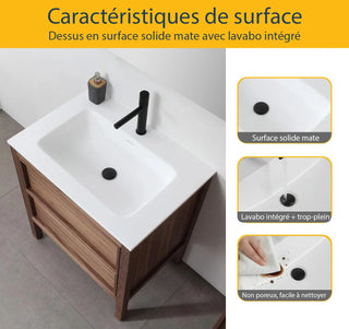 30" Natural Walnut Freestanding Bathroom Vanity with White Solid surface Countertop