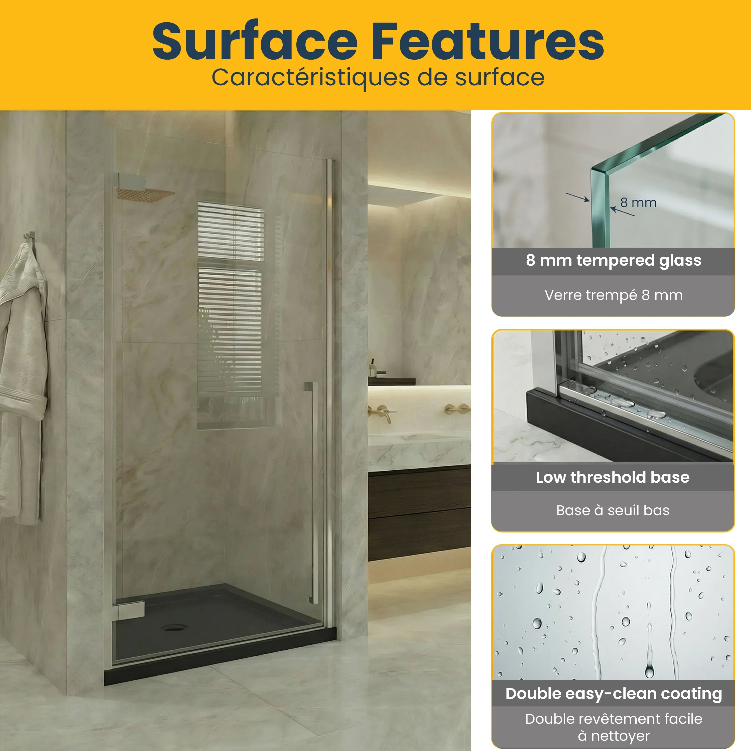 36" x 79" Chrome Pivot Shower Door with 36" Glossy Black Acrylic Base