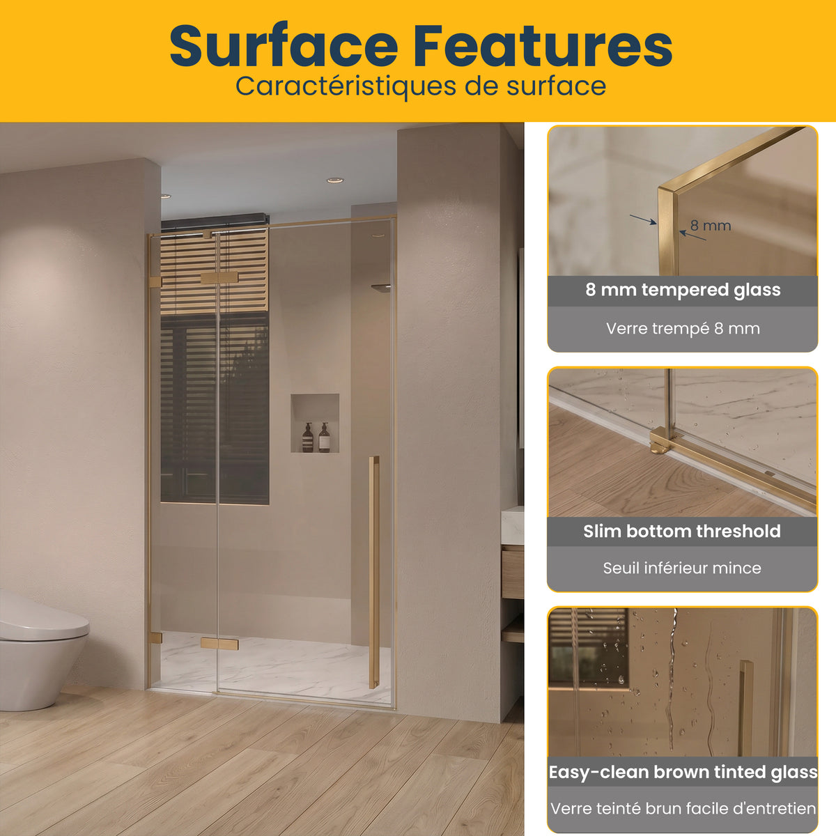 45.6"–46" W (Adjustable Width) x 79" H Frameless Reversible Pivot Shower Door in Brushed Gold with Brown Tinted Glass