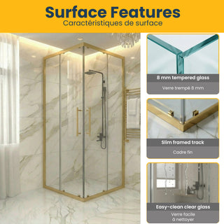 36" x 36" x 79" Reversible Corner Sliding Shower Door in Brushed Gold with Clear Glass