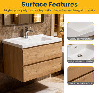 Meuble-lavabo mural de salle de bain en chêne brut 30" avec Comptoir en polymarbre blanc