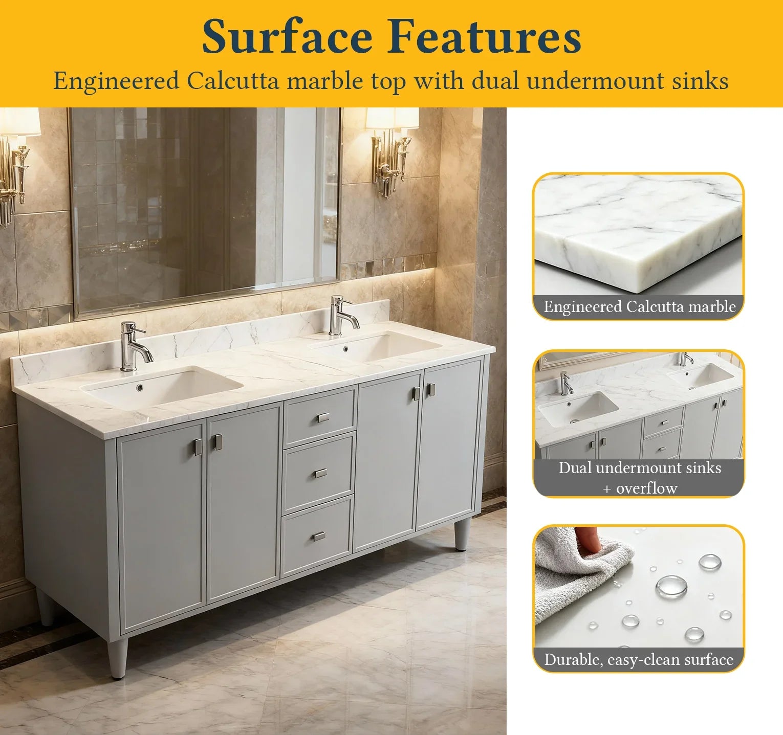 Meuble Lavabo Autoportant 72po Hampton Gris Double Vasque avec Comptoir Marbre Calcutta