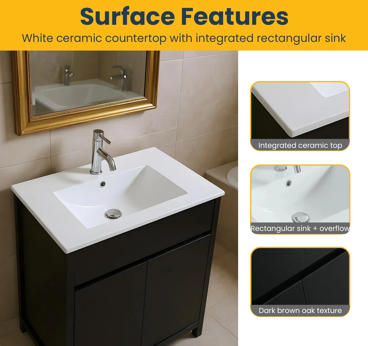 24" Dark Brown Oak Freestanding Bathroom Vanity with White Ceramic Countertop