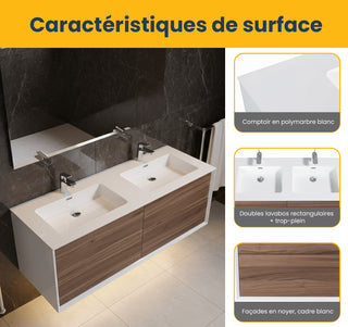 Meuble-lavabo double mural en noyer de 60" avec Comptoir en polymarbre blanc Fleur