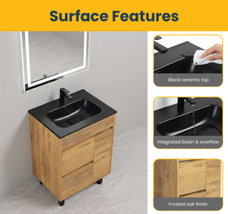 Meuble-Lavabo Autoportant 24po Chêne Givré avec Comptoir de Céramique Noir