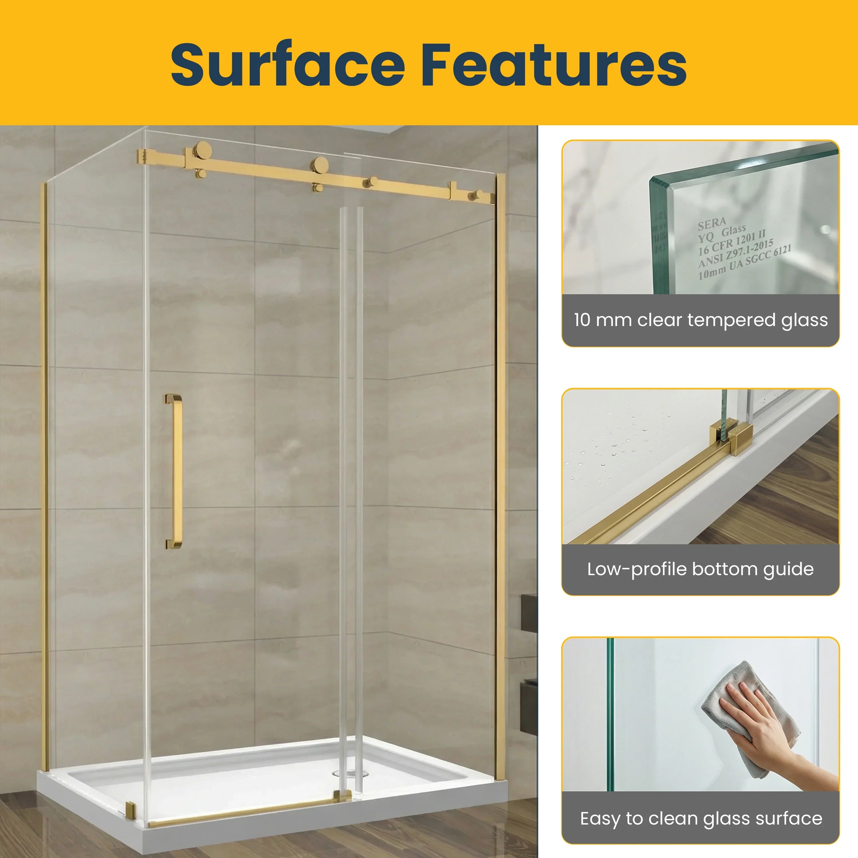 48" x 36" Brushed Gold Reversible Sliding Shower Door with 10mm Tempered Glass