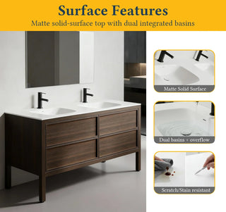 60" Smoked Oak Freestanding Double Sink Bathroom Vanity with White Solid Surface Countertop
