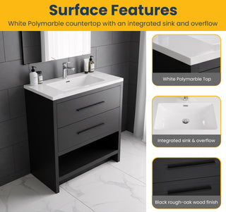 Meuble-Lavabo Autoportant 30po Chêne Noir avec Comptoir de Polymarbre Blanc
