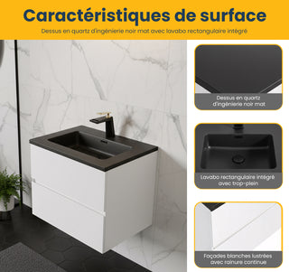 Meuble-lavabo mural blanc 24" avec Comptoir en quartz noir reconstitué