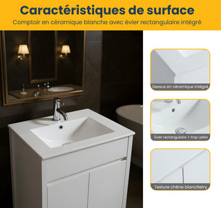 Meuble-Lavabo Autoportant 24po Chêne Blanc avec Comptoir de Céramique Blanc