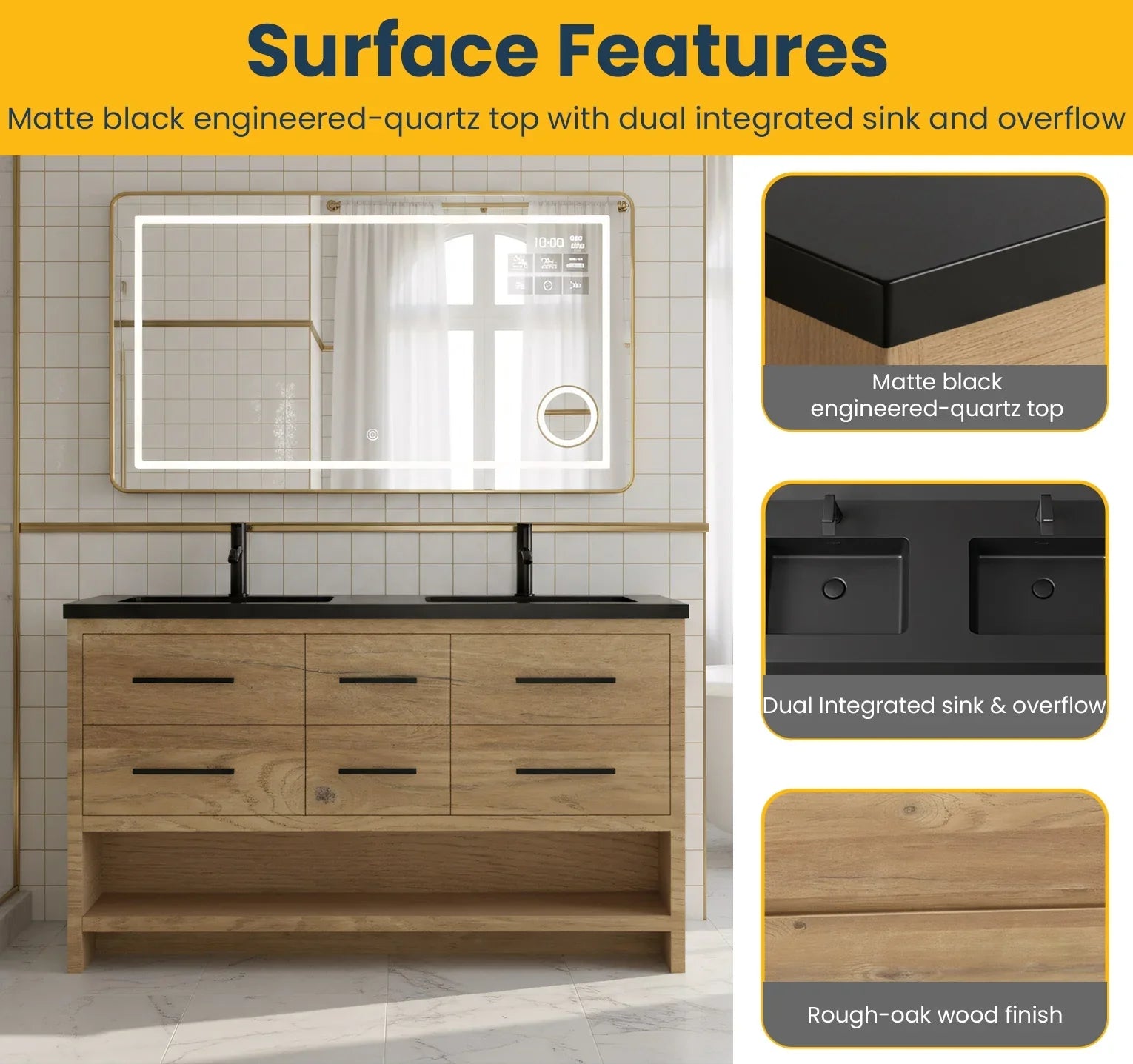 60" Rough Oak Freestanding Double Sink Bathroom Vanity with Black Engineered Quartz Countertop