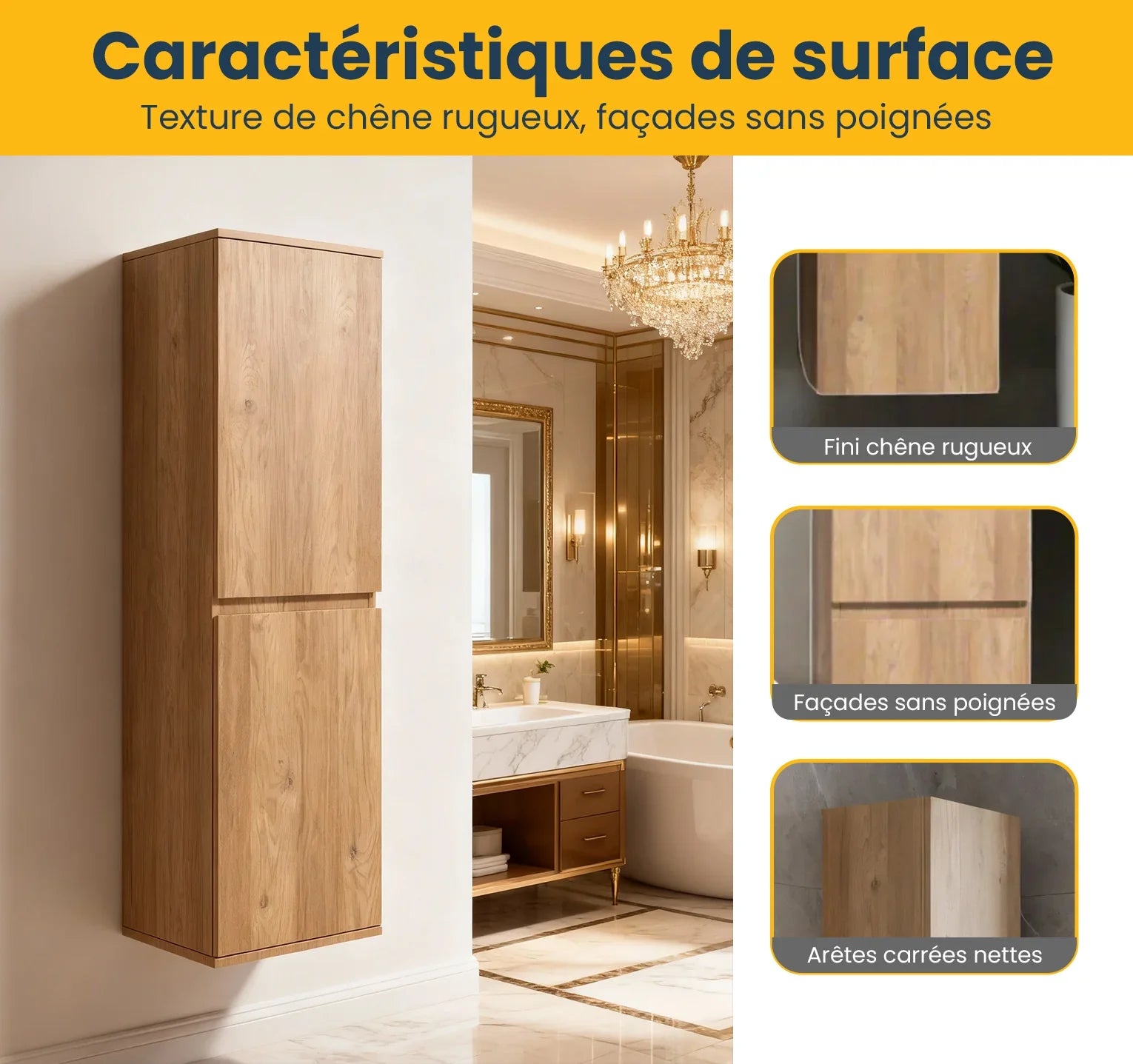 Armoire à linge suspendue murale de salle de bain - Chêne brut