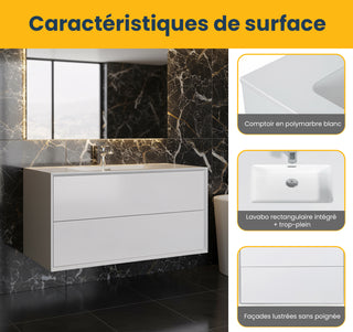 Meuble-lavabo mural blanc 36" avec Comptoir en polymarbre blanc