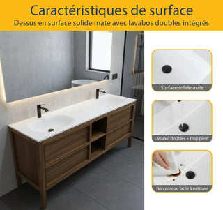 72" Natural Walnut Freestanding Double Sink Bathroom Vanity with White Solid Surface Countertop
