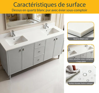 Meuble-Lavabo Autoportant 60po Gris Hampton avec Comptoir de Quartz Blanc Pur