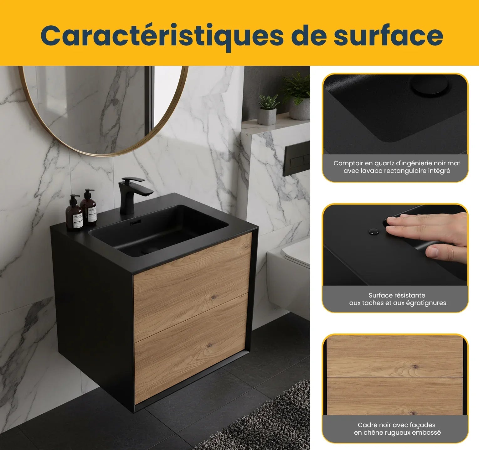 24" Black & Rough Oak Wall Mount Bathroom Vanity with Black Engineered Quartz Countertop