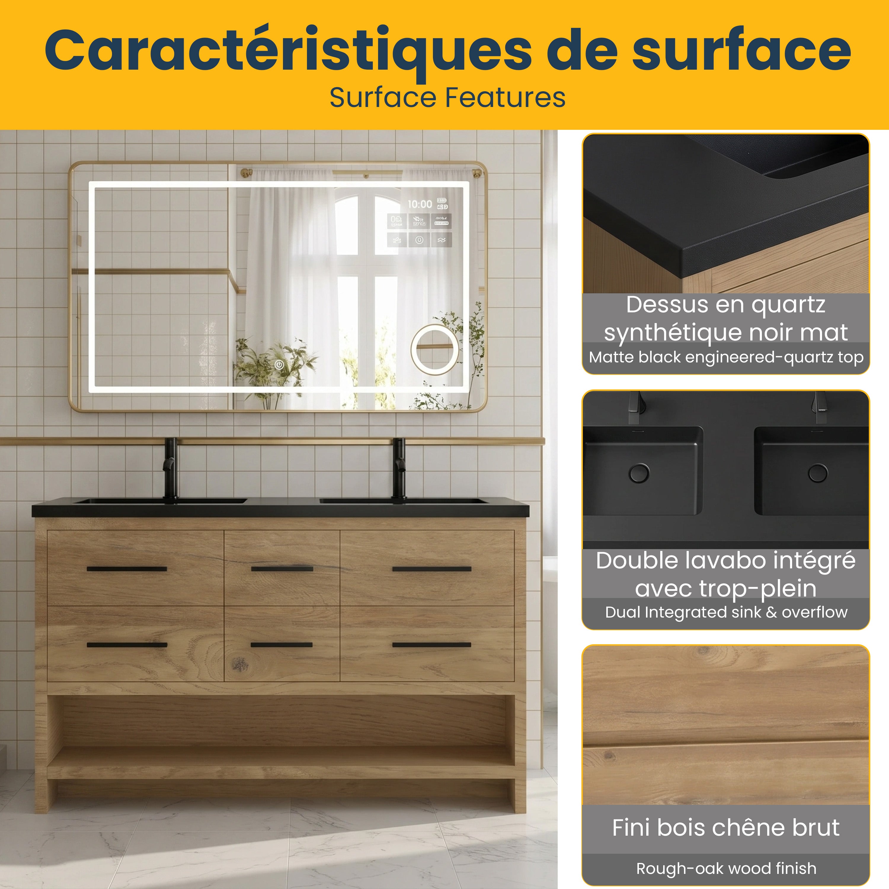 Meuble-Lavabo Autoportant 60po Chêne Brut avec Comptoir de Quartz d'ingénierie Noir