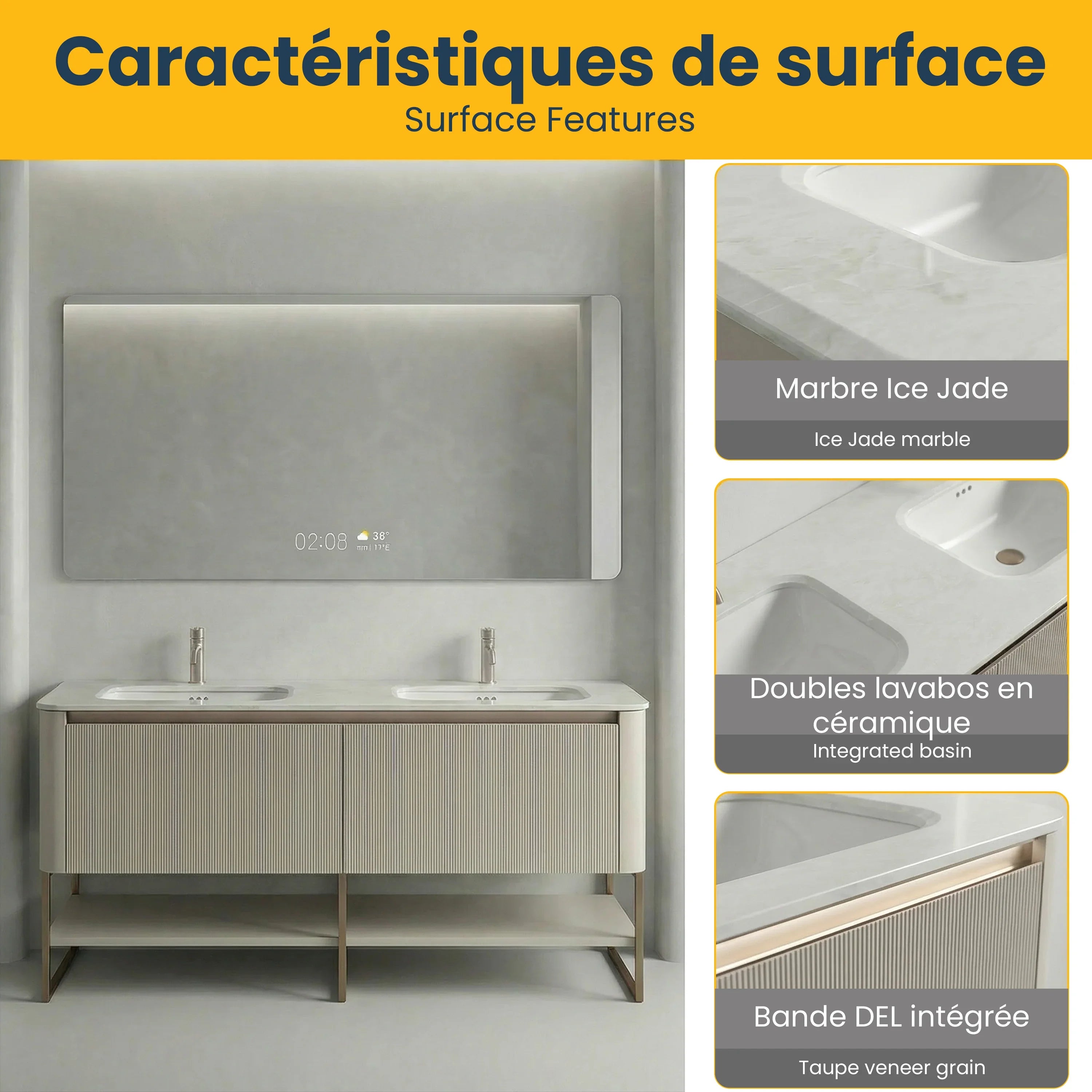 63" Latte Wall Hung LED Vanity with Kari Ice Jade Marble Countertop with Double Ceramic Sink and Pop-up and Brushed Gold Metal Frame and Latte Shelves