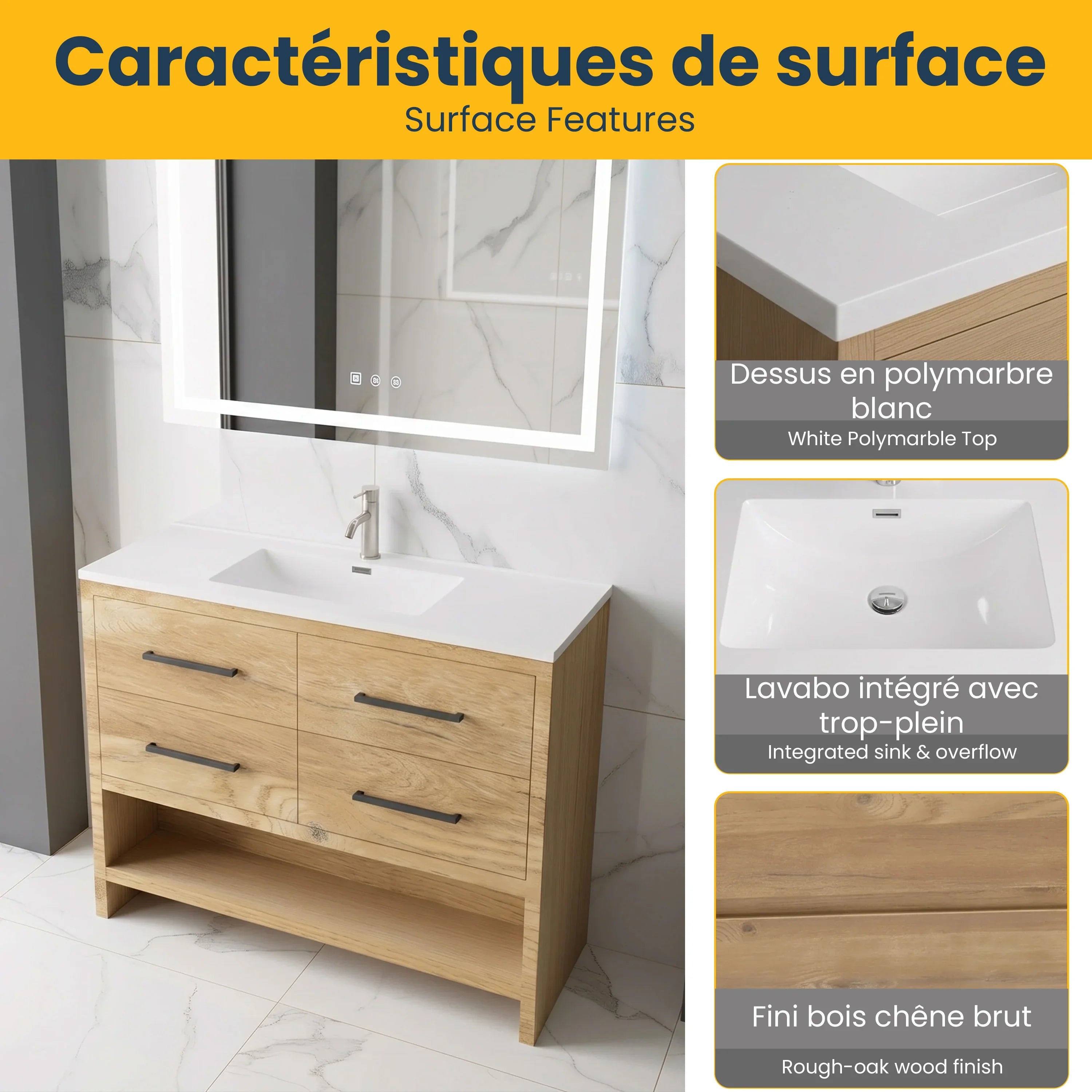 Meuble-lavabo autoportant en chêne brut de 48" avec Comptoir en polymarbre blanc