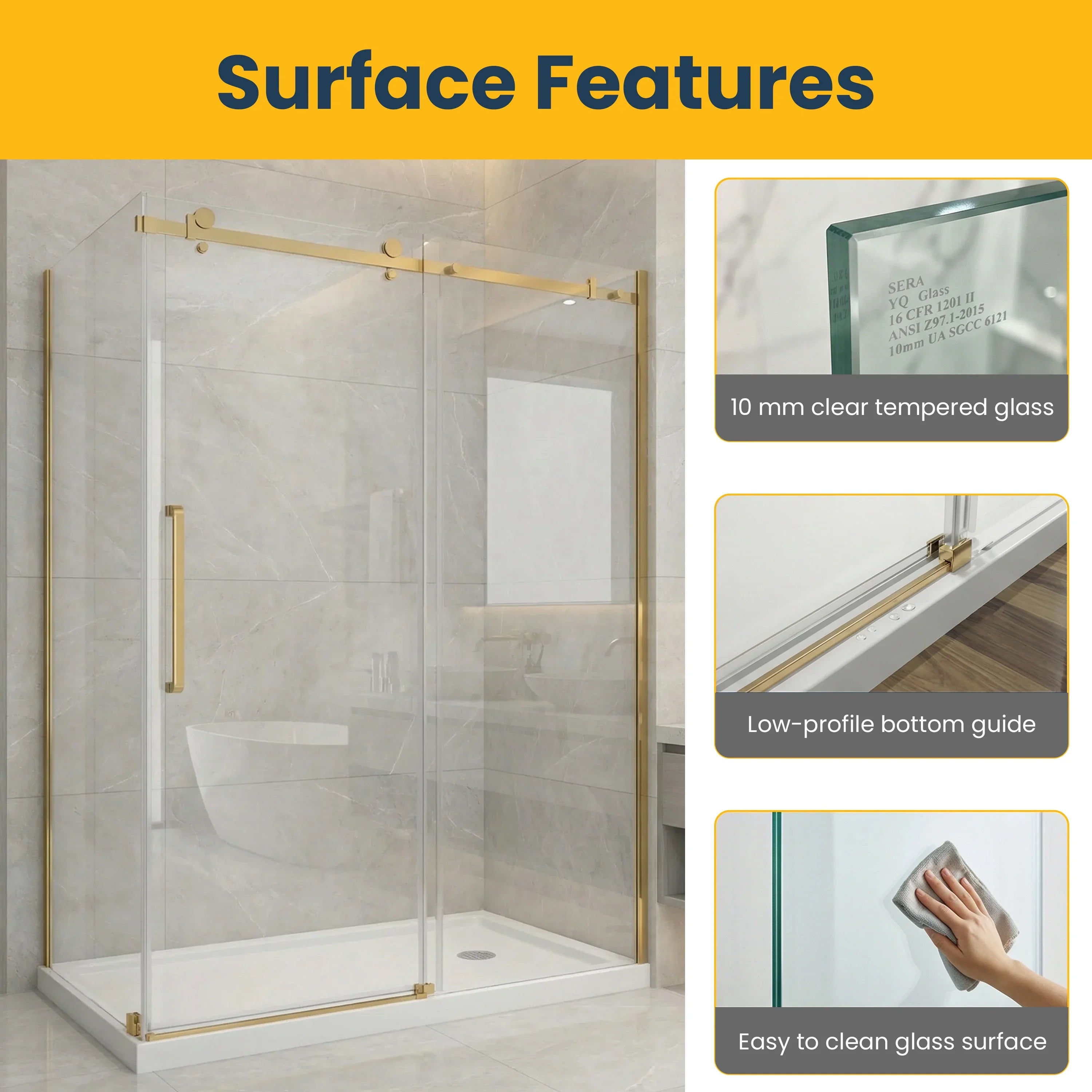 Porte de douche coulissante 60po x 36po x 75po en or brossé avec panneau latéral 36po