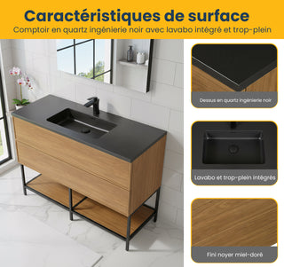 Meuble-Lavabo Mural 48po Noyer Miel Doré avec Comptoir de Quartz d'ingénierie Noir