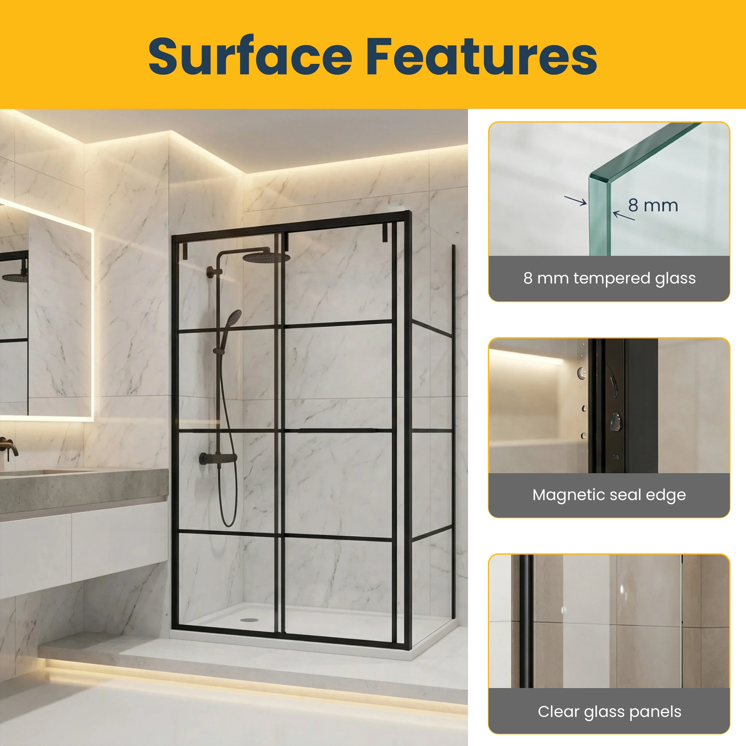 48" x 79" Matte Black Framed Sliding Shower Door with 36" Side Panel