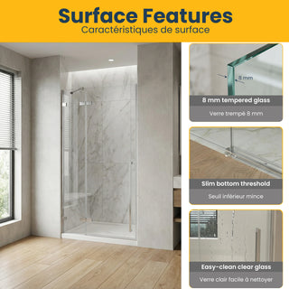 48 po x79 po Panneau de Porte de Douche Fixe/Pivotante Chrome Réversible avec Verre Clair sans base
