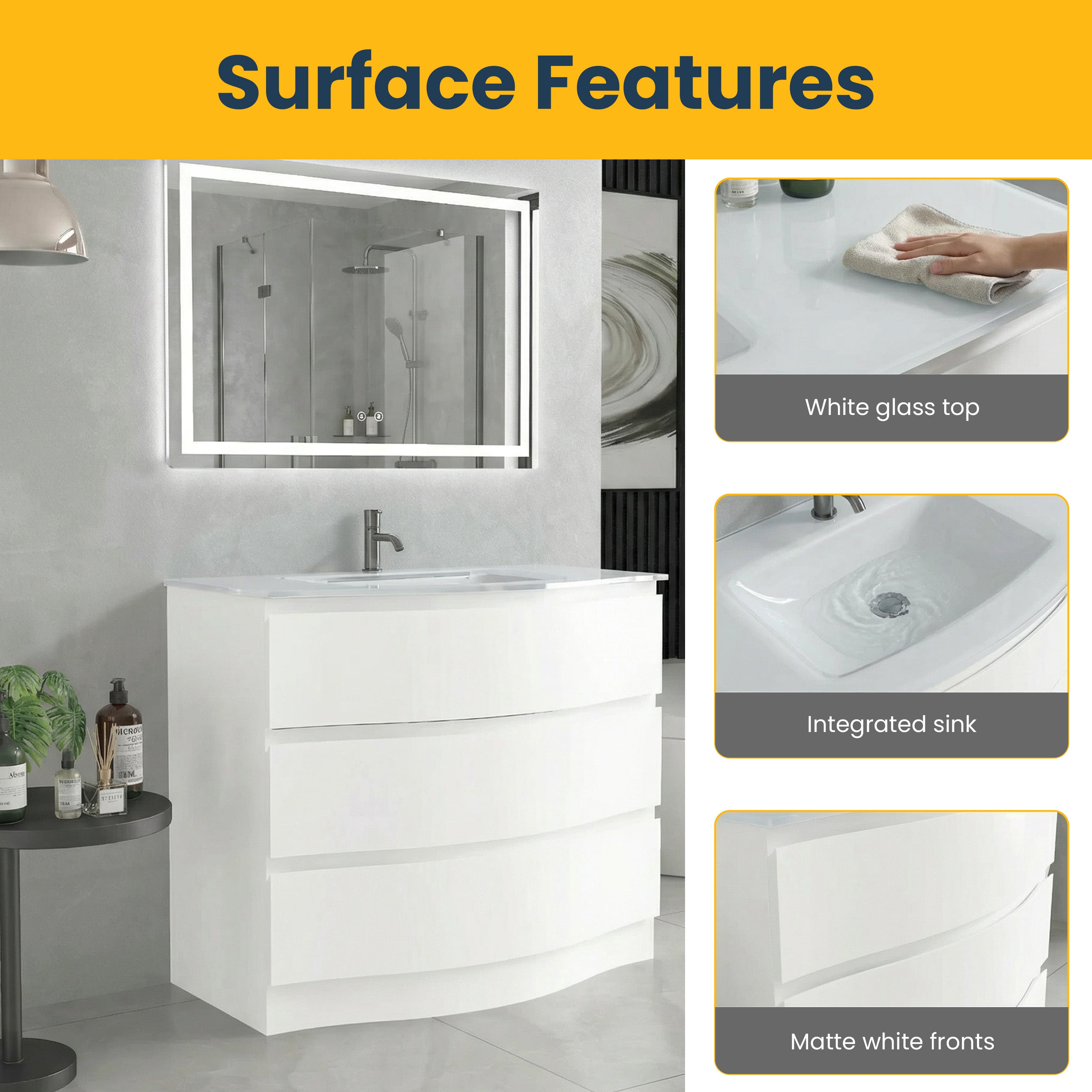 36" Matte White Freestanding Single Sink Bathroom Vanity with White Glass Countertop