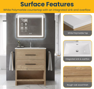 24" Rough Oak Freestanding Bathroom Vanity with White Polymarble Countertop