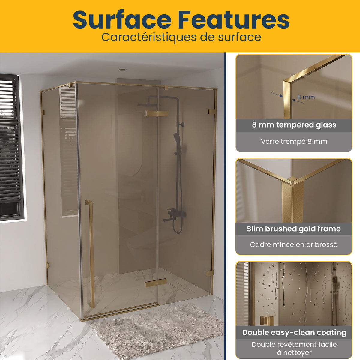 57,6po–58po L (largeur ajustable) x 79po H Porte de douche pivotante réversible sans cadre en or brossé avec verre brun teinté et panneau latéral 34,1po–34,5po